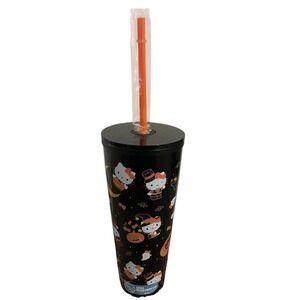 Hello Kitty Halloween Tumbler Cup With Straw‎ Black Orange Pumpkin Witch Design